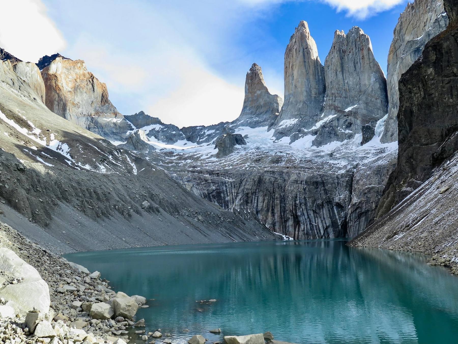 The three granite Torres del Paine towers above Lago Nordenskjöld in Chilean Patagonia